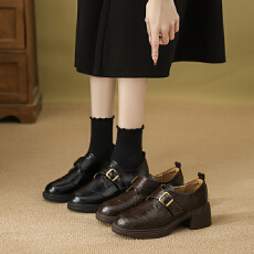 批发复古皮带扣深口乐福鞋女简约<b class='q'>通勤</b>粗跟一脚蹬英伦风小皮鞋百搭皮鞋