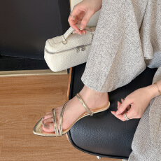 葡萄妈 两种穿法式气质尖头露趾细带小低跟夏季凉拖鞋女真皮凉鞋