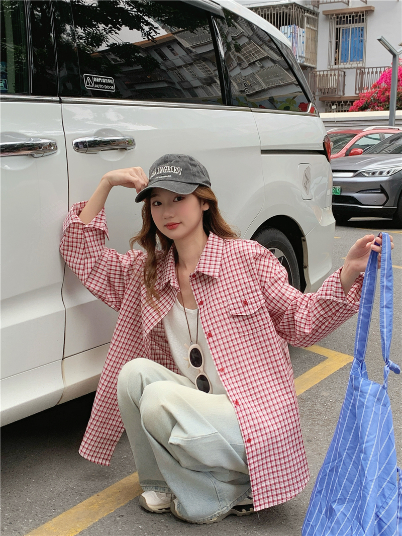 실사 정가 감소되지 않음 한국 스타일 루즈핏 다용도 긴팔 격자 무늬 셔츠