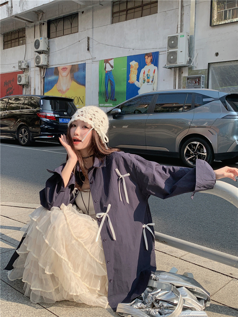 실사 디자인 센스 달콤함 루즈핏 다용도 나비 매듭 긴팔 셔츠
