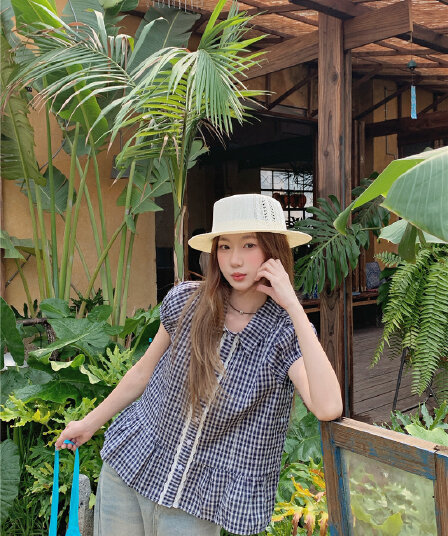 실사 한 부서 미니멀리즘 다용도 레이스 측면 반팔 격자 무늬 셔츠