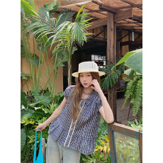 批发实拍 韩系简约百搭蕾丝边短袖<b class='q'>格子衬衫</b>