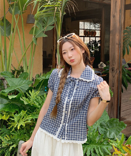 한 부서 작은 청신 디자인 센스 레이스 슬림해 보이는 체크무늬 반팔 맨위 여성