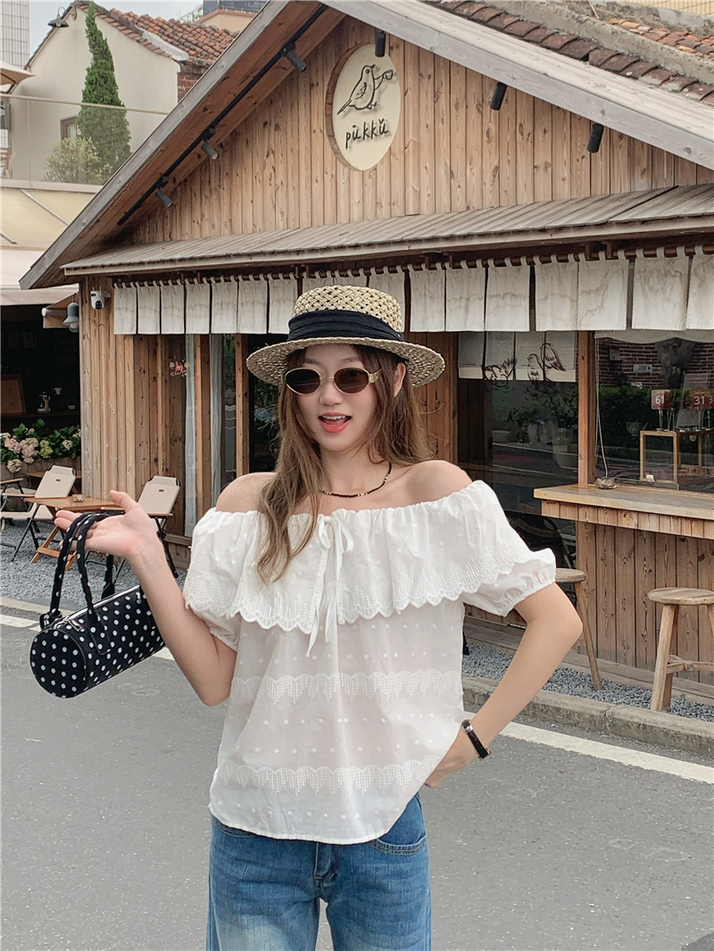 실사 여름 새로운 한국 스타일 달콤함 프릴 베이비 칼라 레이스업 버블 반팔 셔츠 여성 셔츠 작은 셔츠