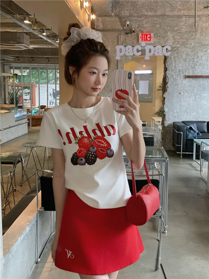 실사 한국 스타일 과일 프린트 라운드 넥 풀오버 몸매 가꾸기 반팔 티셔츠