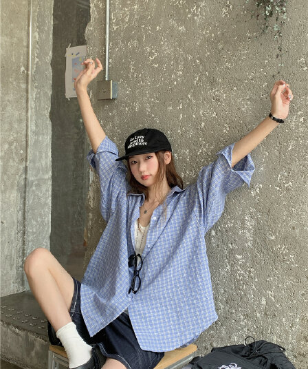 실사 한국 스타일 루즈핏 다용도 긴팔 격자 무늬 셔츠