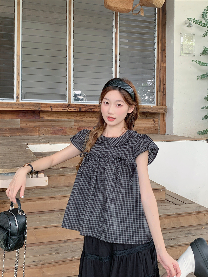 실사 베이비 칼라 체크무늬 스트랩 반팔 여성 셔츠 여름 루즈핏 캐주얼 슬림해 보이는 레트로 인형 셔츠