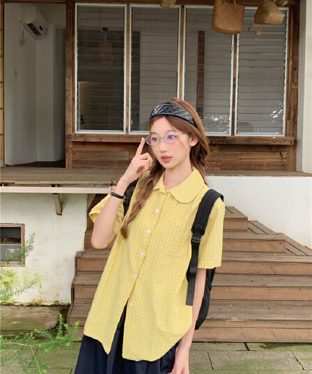 실사 디자인 센스 작은 대중 레트로 베이비 칼라 루즈핏 캐주얼 다용도 반팔 격자 무늬 셔츠