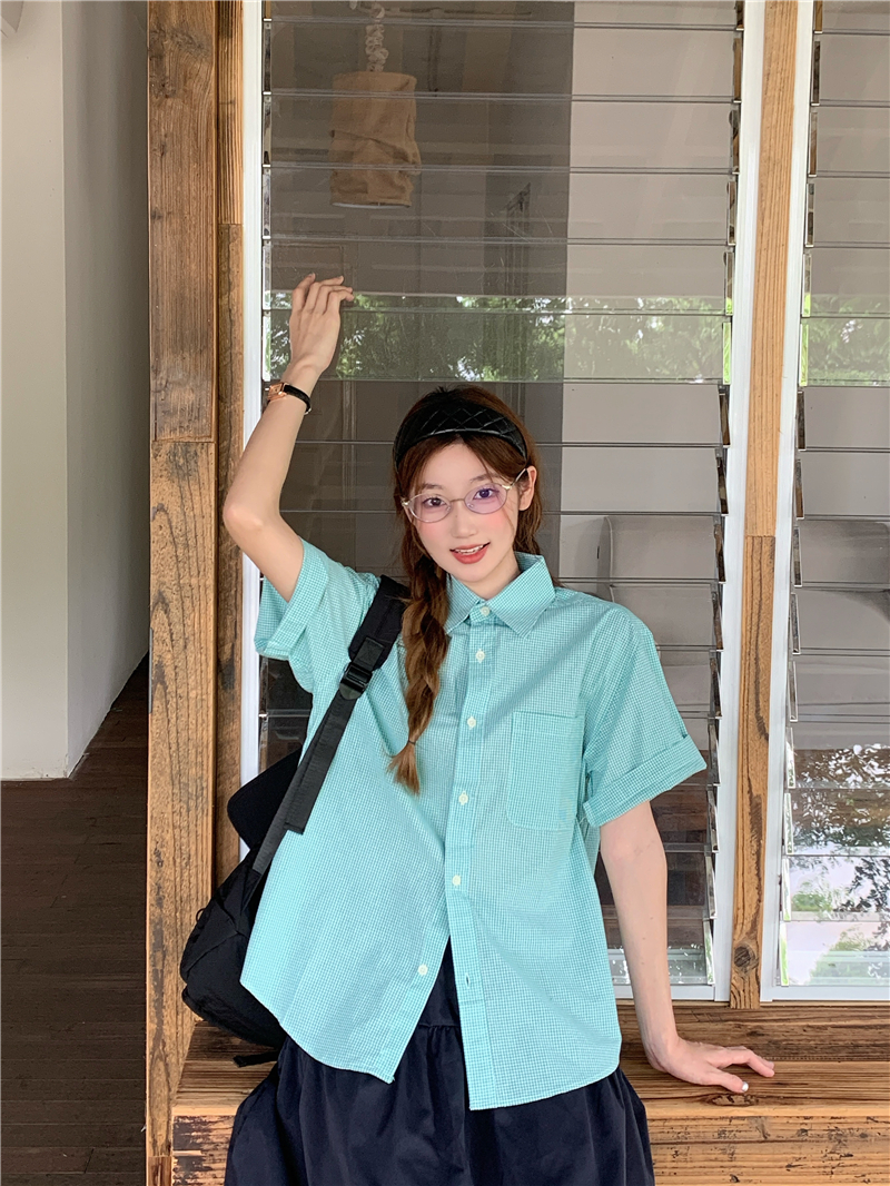 실사 한국 스타일 루즈핏 캐주얼 다용도 박하 녹색 반팔 격자 무늬 셔츠