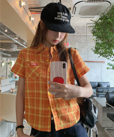실사 여름 아메리칸 레트로 디자인 센스 반팔 격자 무늬 셔츠