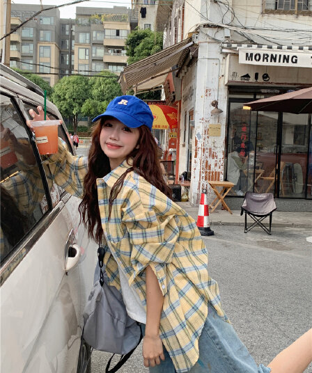 실사 한국 스타일 루즈핏 캐주얼 다용도 배색 체크무늬 긴팔 셔츠