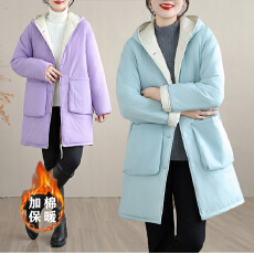 批发加棉加厚棉麻棉衣2025冬季新款中长款连帽棉服舒适保暖减龄<b class='q'>外套</b>女