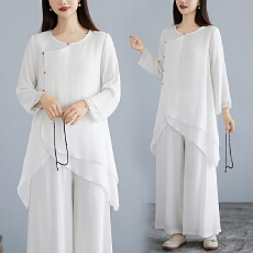 批发实拍瑜伽服套装2026夏季新款文艺范纯色亚麻上衣阔腿茶服<b class='q'>两件套</b>女