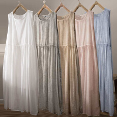 批发棉麻连衣裙女夏2026新品文艺大码纯色圆领中<b class='q'>长款</b>无袖<b class='q'>背心</b>裙打底裙