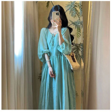 批发亚麻连衣裙2026<b class='q'>夏季</b>新品文艺范纯色V领宽松打底裙短袖棉麻中长裙