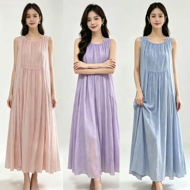 민소매 면 린넨 여성 드레스 여름 품격 문예 팬 느긋한 바람 빅 사이즈 슬림해 보이는 롱 스커트 라운드 넥 아마 조끼 스커트