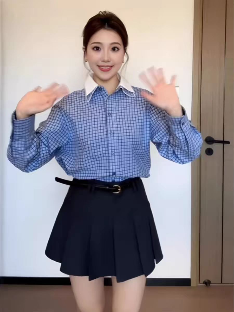 폴로 칼라 디자인 센스 파란색 체크무늬 여성 셔츠 봄 가을 2026 새로운 Chic 스택 착용 인사이드 가져 가라. 오픈 가디건 긴팔 맨위