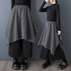 批发实拍春秋新款暗黑风假两件格子拼接裙裤时尚百搭宽松慵懒风阔腿裤