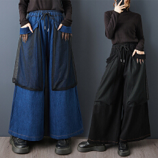 批发实拍<b class='q'>春</b>秋新款美式阔腿工装裤网纱拼接撞色休闲百搭宽松直筒牛仔裤