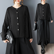 批发实拍春<b class='q'>装</b>新款暗黑风压褶工艺大码<b class='q'>衬衫</b>时尚百搭宽松上衣+阔腿<b class='q'>裤</b>