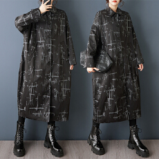 实拍春装新款欧美风翻领显瘦宽松外套时尚印花显瘦双层中长款风衣