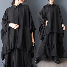 批发实拍<b class='q'>春</b>夏新款暗黑系宽松斗篷衬衫时尚百搭显瘦胖MM大码休闲衬衣