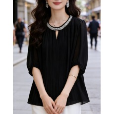 批发2026夏季新款大码女装镶钻黑色雪纺衫女胖mm轻奢洋气显瘦上衣