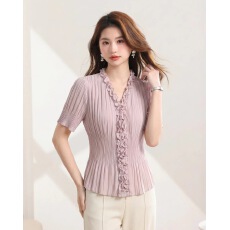 批发2026夏季新款短款小个子V领短袖雪纺衫女上衣修身衬衫洋气小衫潮