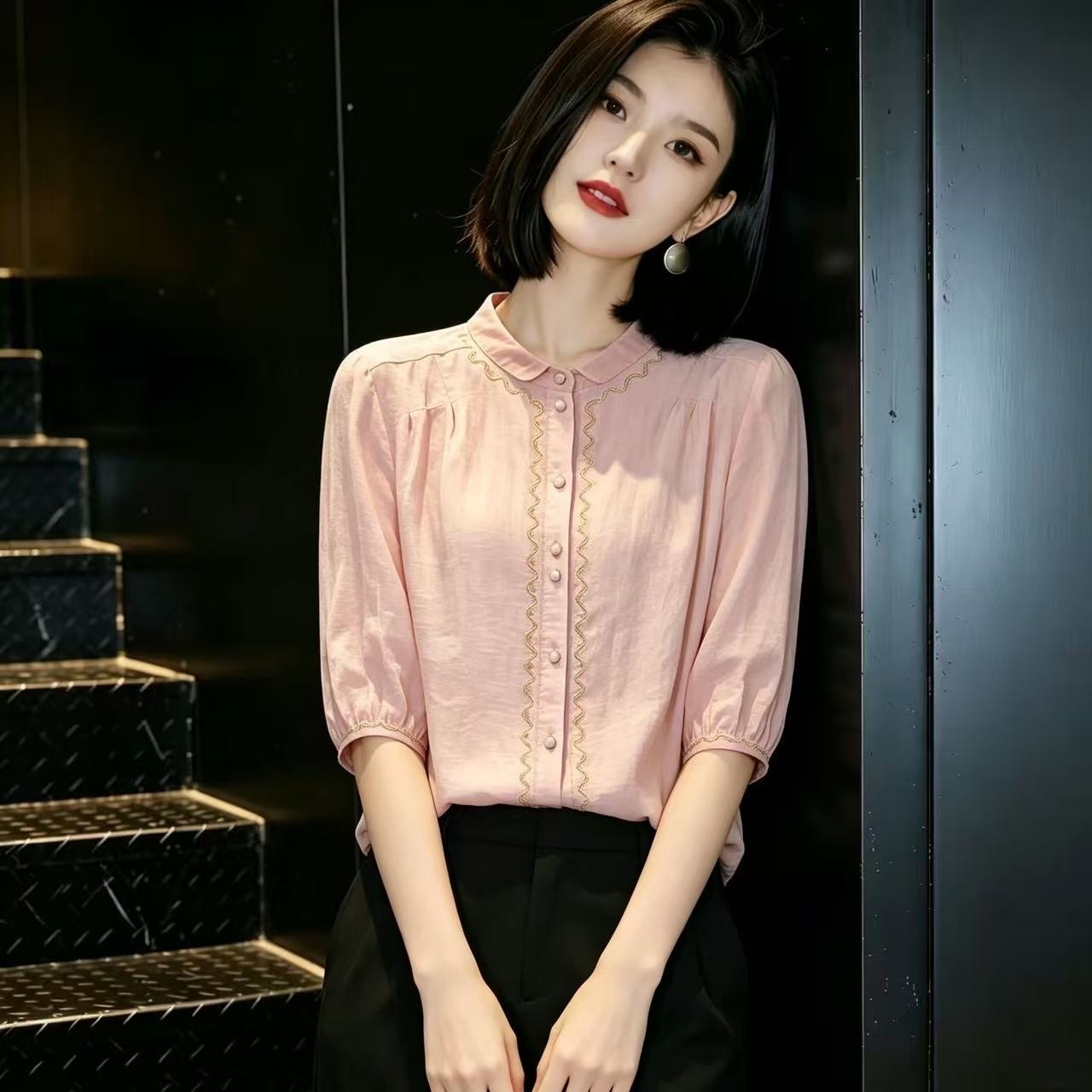 RY7207#夏季薄款刺绣棉麻衬衫减龄洋气五分袖上衣女