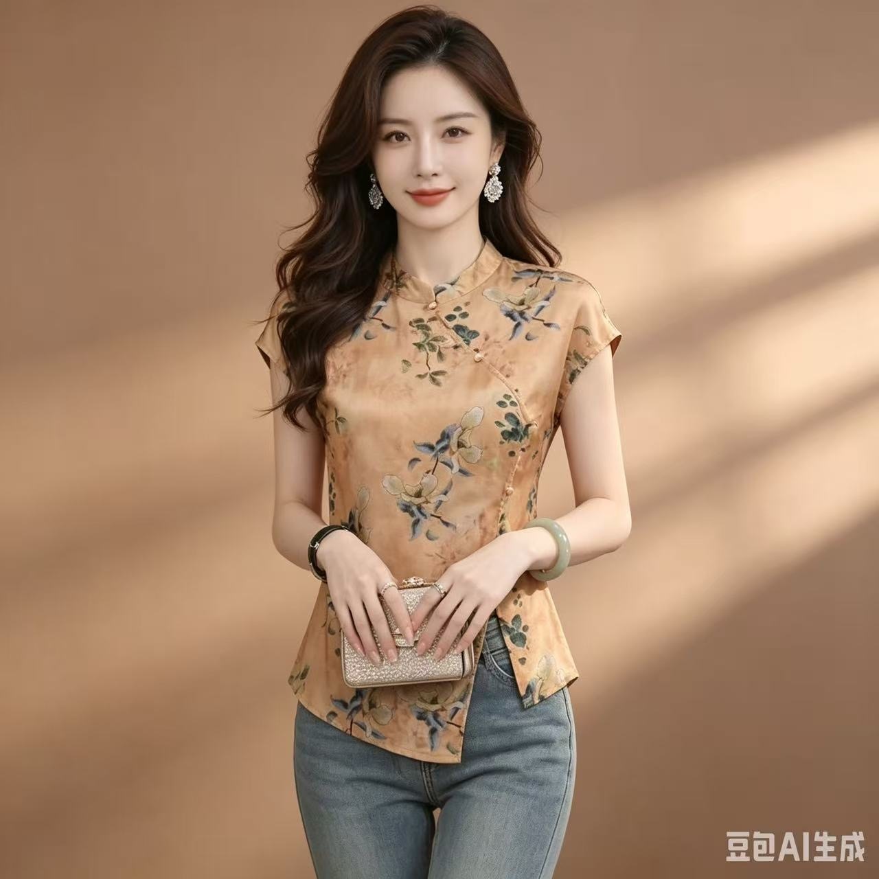 새로운 중식 국풍 반팔 여성 여름 새로운 개선 레트로 스탠드 칼라 프린트 트임 맨위 셔츠 티셔츠