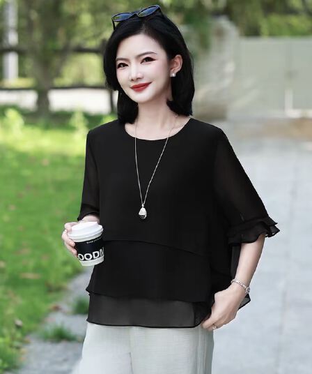 2026 새로운 루즈핏 슬림해 보이는 표지 미트볼 칼라 레이스 5 점 소매 작은 셔츠 여성 여름 얇은 스타일 출퇴근 맨위