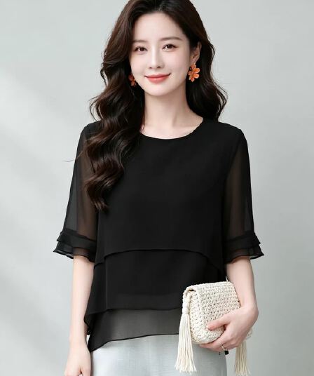 여름 반팔 시폰 셔츠 여성 2026 년 새로운 빅 사이즈 루즈핏 슬림해 보이는 표지 배 작은 셔츠 외국 가스 엄마 맨위