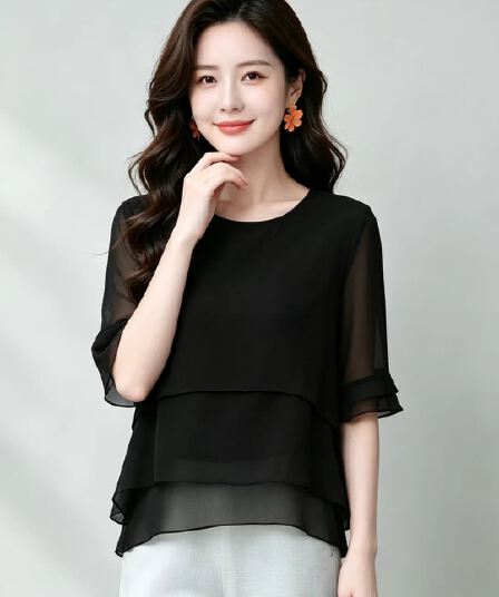 2026 새로운 루즈핏 슬림해 보이는 표지 미트볼 칼라 레이스 5 점 소매 작은 셔츠 여성 여름 얇은 스타일 출퇴근 맨위