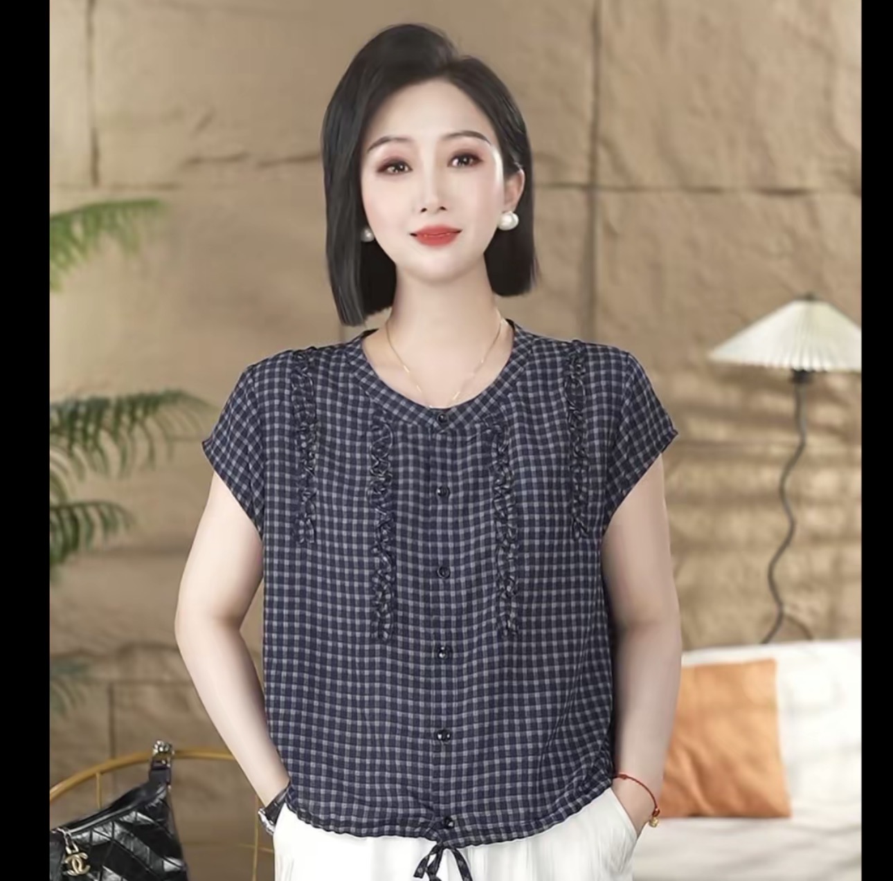 여름 새로운 체크무늬 레이스 밑단 펌프 로프 셔츠 품격 맨위 패션 다용도 좋아 보인다. 불 투수 고기 연령 감소