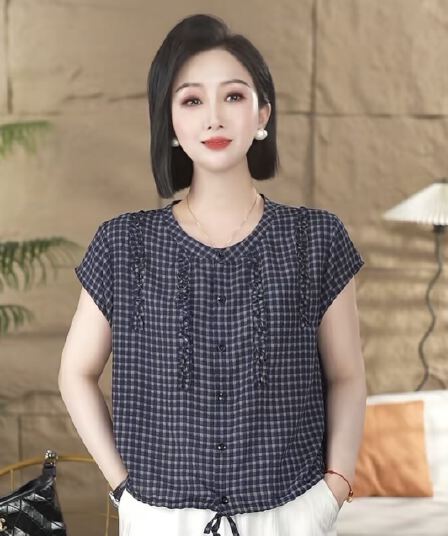 여름 새로운 체크무늬 레이스 밑단 펌프 로프 셔츠 품격 맨위 패션 다용도 좋아 보인다. 불 투수 고기 연령 감소