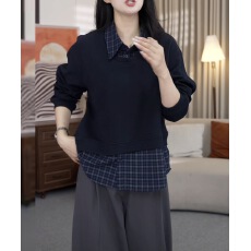 批发2026秋冬新款 拼接<b class='q'>假两件</b>套头卫衣 格纹<b class='q'>衬衫</b>领长袖上衣女