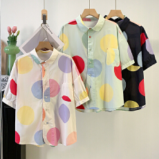 批发实拍 高品质夏季新款韩版彩色<b class='q'>圆点</b>翻领单排扣纯棉宽松短袖<b class='q'>衬衫</b>女