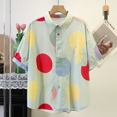 批发实拍 高品质复古文艺彩色<b class='q'>圆点</b>翻领单排扣纯棉休闲宽松减龄<b class='q'>衬衫</b>