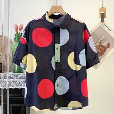 批发实拍 高品质复古文艺彩色<b class='q'>圆点</b>翻领单排扣纯棉休闲宽松减龄<b class='q'>衬衫</b>