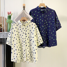 批发实拍 高品质大版型<b class='q'>圆点</b>印花五分袖<b class='q'>衬衫</b>女洋气夏新款宽松休闲上衣