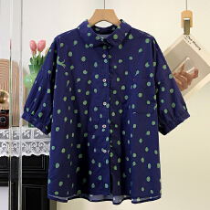 批发实拍 高品质大版型<b class='q'>圆点</b>印花五分袖<b class='q'>衬衫</b>女洋气夏新款宽松休闲上衣