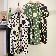 批发实拍 高品质夏季女装新款韩版圆点宽松中长款<b class='q'>纯棉</b>短袖衬衫<b class='q'>连衣裙</b>