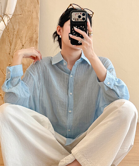 실사 면 린넨 여성 셔츠 여름 루즈핏 다용도 얇은 스타일 자외선 차단 긴팔 셔츠 문예 느슨함 센스 단색 맨위 여성