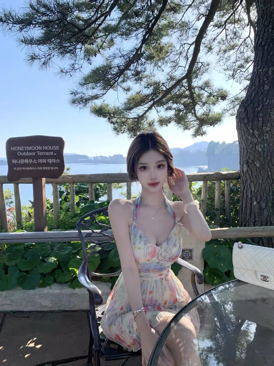 06 17 jmshop 비와 배 꽃 꽃무늬 행침 목 드레스 V넥 플리츠 허리 수축 슬림해 보이는 휴가 미니 스커트
