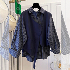 批发实拍有货 小众设计感质藏青色格子衬衫宽松假两件大码早秋上衣潮