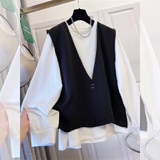 批发实拍有货 撞色高级感女款时尚马夹大版T恤设计感拼接宽松上衣潮