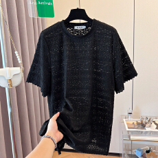 批发实拍 圆领提花小众<b class='q'>短袖</b><b class='q'>雪纺</b>衫女大码镂空华夫格韩版上衣纯色