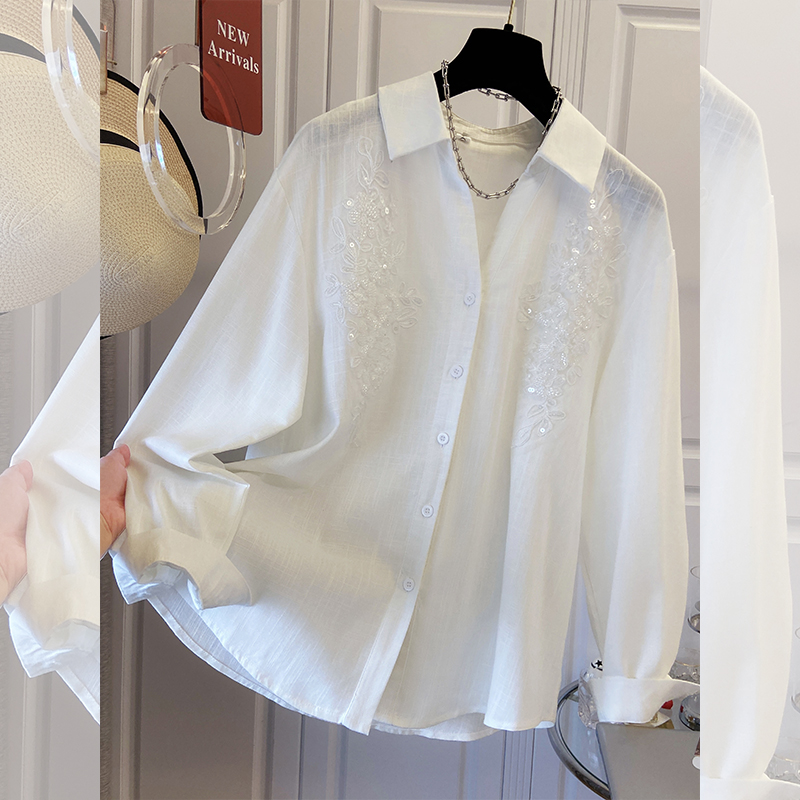 실사 프랑스식 연령 감소 외국 가스 비즈 박기 폴로 칼라 여성 셔츠 셔츠 루즈핏 레이스 조각 맨위