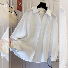 批发实拍 法式减龄洋气钉珠翻领<b class='q'>衬衫</b>女<b class='q'>衬衣</b>宽松蕾丝拼接上衣