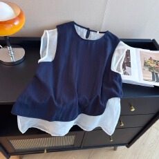 批发实拍假两件无袖上衣女夏宽松时尚高级衬衫背心超好看洋气小衫